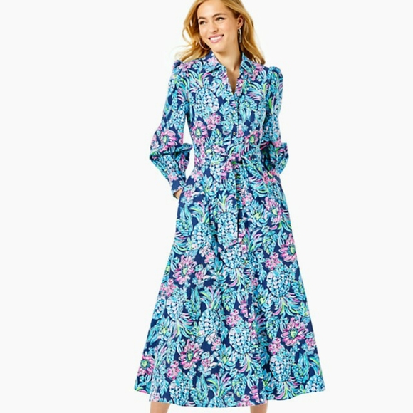 Lilly Pulitzer Dress Mira Shirt Stretch 6 Small Pineapple Paradise Blue High - Picture 3 of 10